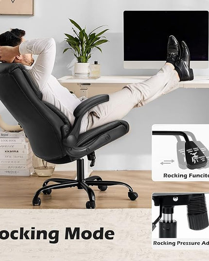 JHK Leather Office Chair with Flip Up Arms, Executive High Back Big and Tall Desk Chairs with Ergonomic Lumbar Support, Adjustable Height,Wheels, Soft Padded, Black - LeafyLoom