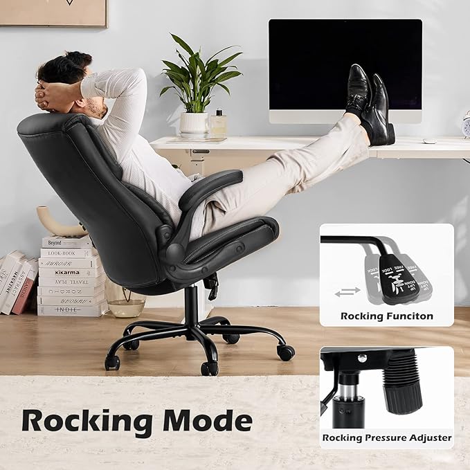 JHK Leather Office Chair with Flip Up Arms, Executive High Back Big and Tall Desk Chairs with Ergonomic Lumbar Support, Adjustable Height,Wheels, Soft Padded, Black - LeafyLoom