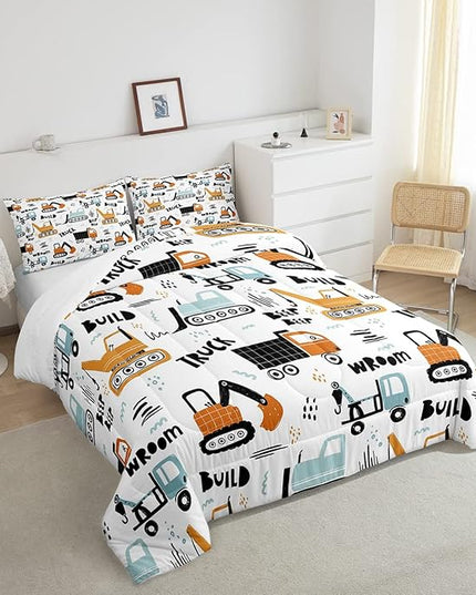 Feelyou Cartoon Car Kids Comforter Cute Excavator Tractor Comforter Set Boys Construction Bedding Set Vehicles Truck Cars Duvet Set Building Equipment Quilt Colorful Decor King Size 3Pcs Boys - LeafyLoom