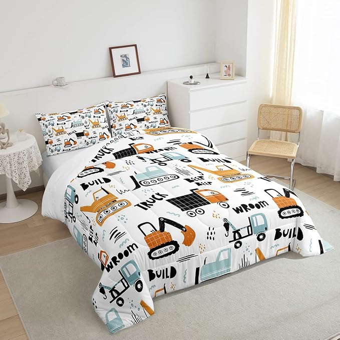Kids Cartoon Excavator Bedding Set Boys Vehicles Truck Car Comforter Child Cute Building Equipment Comforter Set Funny Construction Transport Duvet Set Colorful Room Decor Full Size Boys - LeafyLoom