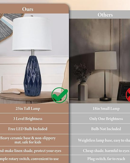 Modern Table Lamps, 25" Ceramic Bedside Lamps Blue Decor Lamp for Living Room End Table Lamp Tall Nightstand Lamps for Bedrooms |3-Way Dimmable Farmhouse Desk Lamps for Home Office Reading, Navy Blue - LeafyLoom