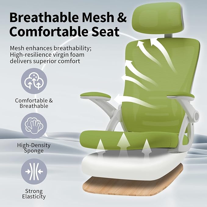Ergonomic Office Chair, Mid Back Desk Chair with Adjustable Height, Swivel Chair with Flip-Up Arms and Lumbar Support, Breathable Mesh Computer Chair with Headrest (White and Green) - LeafyLoom