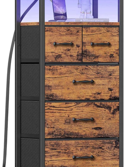 Furnulem Tall LED Dresser with Charging Station, Vertical Storage Tower Unit with Wood Shelf, 5 Drawer Nightstand for Bedroom, Living Room, Hallway, Fabric Bins, Bedside Table Furniture(Rustic Brown) - LeafyLoom