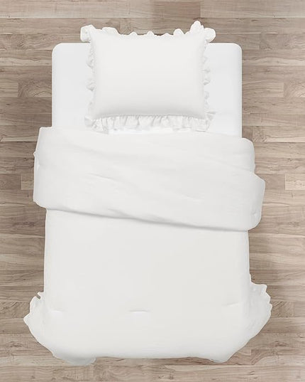 Lush Decor Reyna Ruffle Comforter Set - 2 Piece Cozy Ruffled Bedding Set - Timeless Elegance and Comfort for Dorm Room - Twin XL, Pure White - LeafyLoom