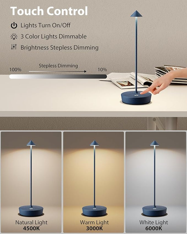 Cordless Table Lamps Rechargeable, 6000mAh Battery Operated LED Desk Lamp Outdoor Waterproof Portable Touch Dimmable Table Light for Patio Restaurant Dining Home Blue - LeafyLoom