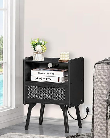 Lerliuo Rattan Nightstand with Charging Station, Side Table with Drawer Open Shelf, Cane Bedside End Table with Solid Wood Legs, Mid Century Night Stand for Bedroom, Dorm and Small Spaces (Black) - LeafyLoom