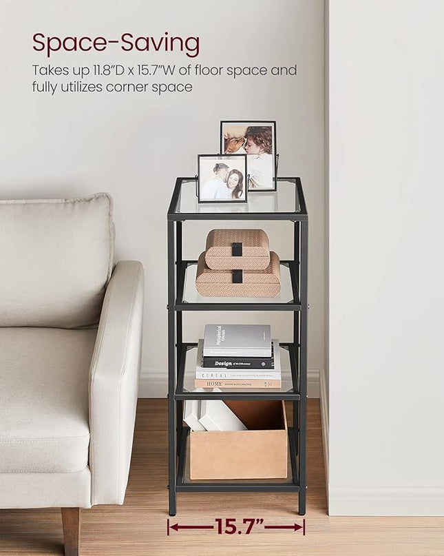 VASAGLE Bookcase, 4-Tier Bookshelf, Slim Shelving Unit for Bedroom, Bathroom, Home Office, Tempered Glass, Steel Frame, Ink Black ULGT028B61 - LeafyLoom