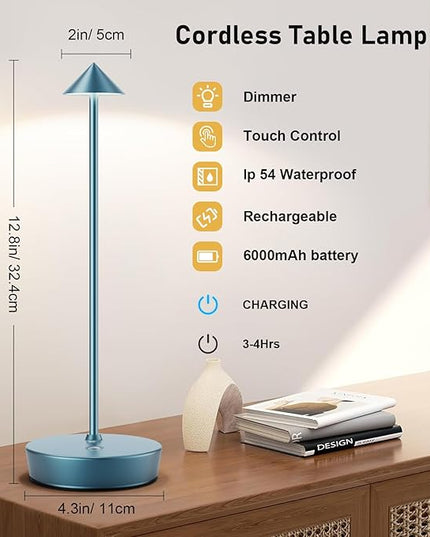 Set of 2 Rechargeable Cordless Table Lamp,6000mAh LED Battery Operated Desk Lamp Touch 3 Color Dimming Portable Outdoor Waterproof Table Light for Patio/Restaurant/Dining/Home (Blue) - LeafyLoom
