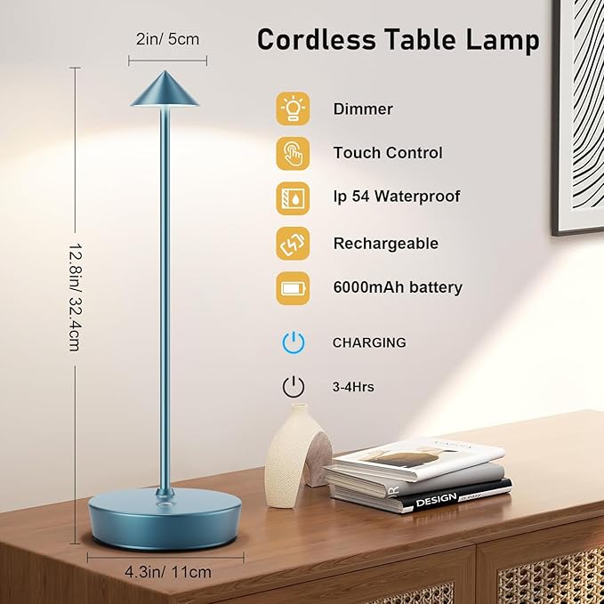Set of 2 Rechargeable Cordless Table Lamp,6000mAh LED Battery Operated Desk Lamp Touch 3 Color Dimming Portable Outdoor Waterproof Table Light for Patio/Restaurant/Dining/Home (Blue) - LeafyLoom