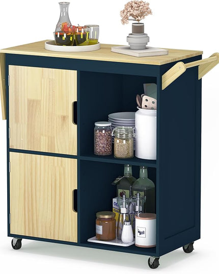 Usinso Rolling Kitchen Island, Kitchen Island Storage Cabinets on Wheels with Drop Leaf Countertop, Handle Racks, Caster Liquor Cart Suitable for Placing (Blue) - LeafyLoom
