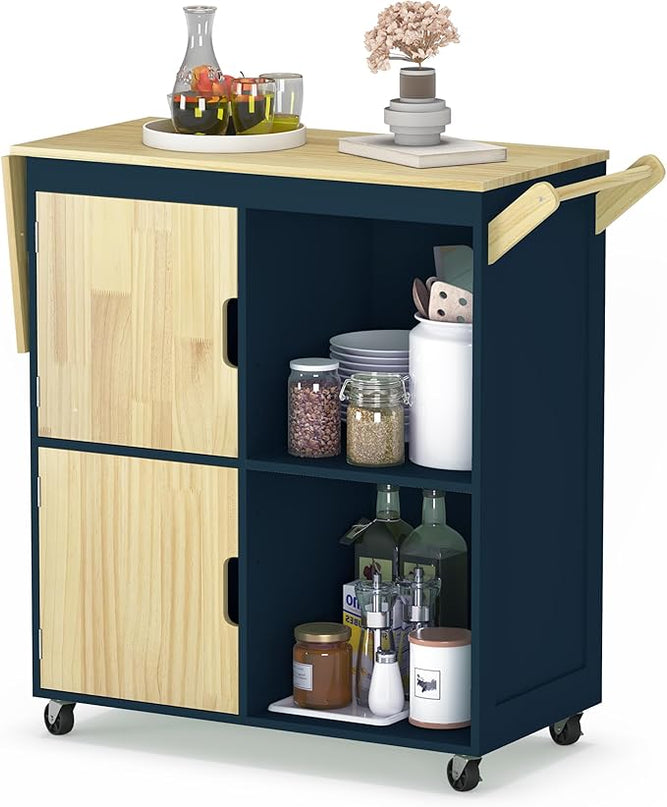 Usinso Rolling Kitchen Island, Kitchen Island Storage Cabinets on Wheels with Drop Leaf Countertop, Handle Racks, Caster Liquor Cart Suitable for Placing (Blue) - LeafyLoom