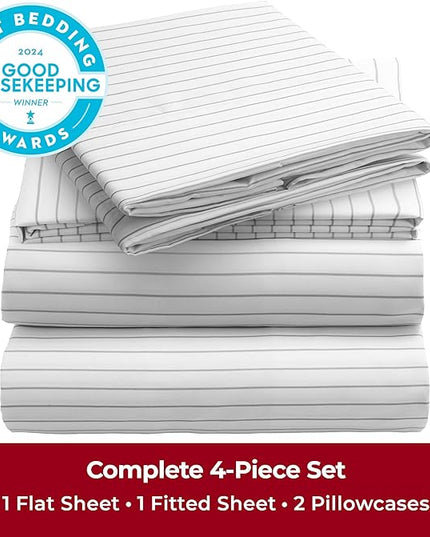 Mellanni Full Sheets Set - 4 PC Iconic Collection Bedding Sheets & Pillowcases - Hotel Luxury, Extra Soft, Cooling Bed Sheets - Deep Pocket up to 16 inch (Full, Pin Stripe Gray) - LeafyLoom