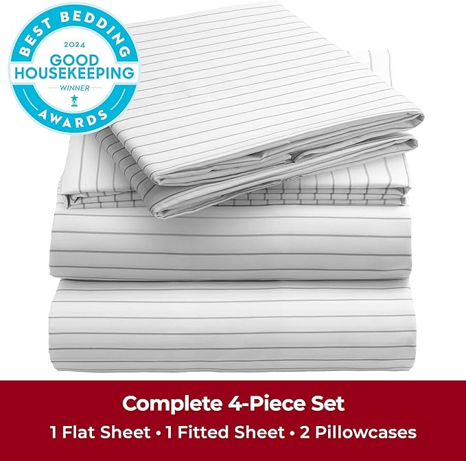 Mellanni King Sheets Set - 4 PC Iconic Collection Bedding Sheets & Pillowcases - Hotel Luxury, Extra Soft, Cooling Bed Sheets - Deep Pocket up to 16 inch (King, Pin Stripe Gray) - LeafyLoom