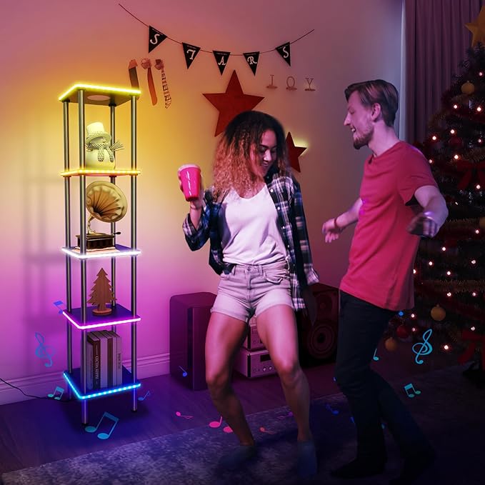 Kekeou RGBCW Floor Lamp with Shelves Tall Lamp Music Sync APP Control Standing Lamp with Wireless Charger & USB Port Color Changing Lamp with Shelves Work with Alexa Black 5 Tier - LeafyLoom