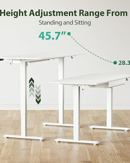 Adjustable Height Electric Standing Desk with Storage Wooden Drawer, 63 x 24 Inches Stand Up Home Office Computer Gaming Table with Splice Board for Work Office Home, White - LeafyLoom