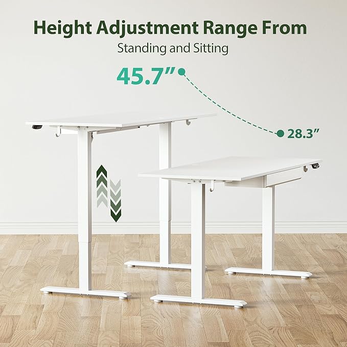 Adjustable Height Electric Standing Desk with Storage Wooden Drawer, 63 x 24 Inches Stand Up Home Office Computer Gaming Table with Splice Board for Work Office Home, White - LeafyLoom