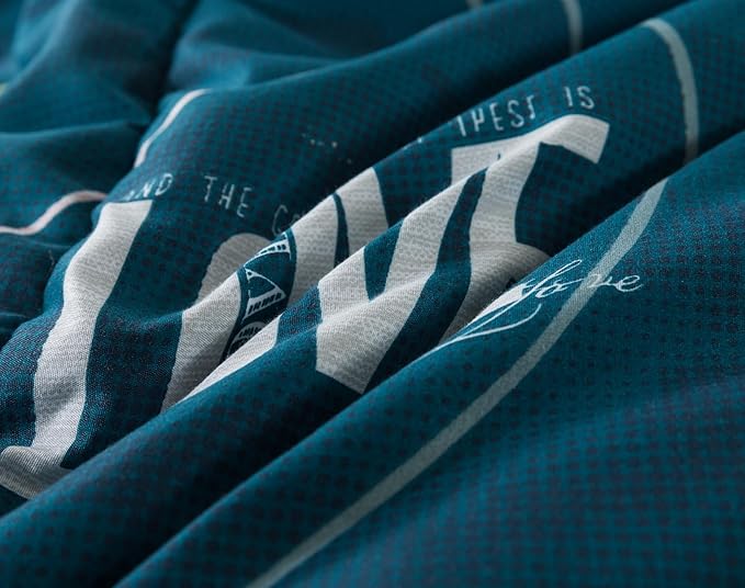 Blue Green Comforter Set King Size, 3 Pieces Modern Lines Pattern with Love, Soft Microfiber Bedding Comforter Set, Down Alternative Comforters for All Season (104 * 90’’) - LeafyLoom