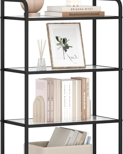 Bookcase Bookshelf, Tempered Glass Bookshelves, Slim Shelving Unit for Bedroom, Bathroom, Home Office, Steel Frame, 4 Tier Black BC21499B - LeafyLoom