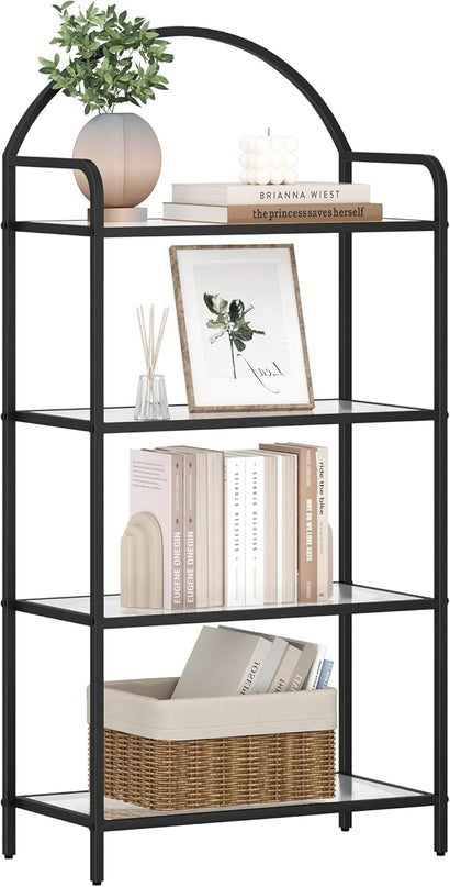 Bookcase Bookshelf, Tempered Glass Bookshelves, Slim Shelving Unit for Bedroom, Bathroom, Home Office, Steel Frame, 4 Tier Black BC21499B - LeafyLoom