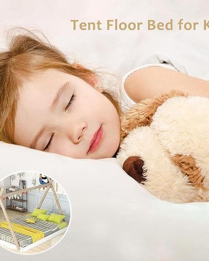 Full Size Teepee Bed for Kids,Tent Floor Bed Frame with Triangle Structure,Montessori Floor Bed for Girls Boys(Full,White) - LeafyLoom
