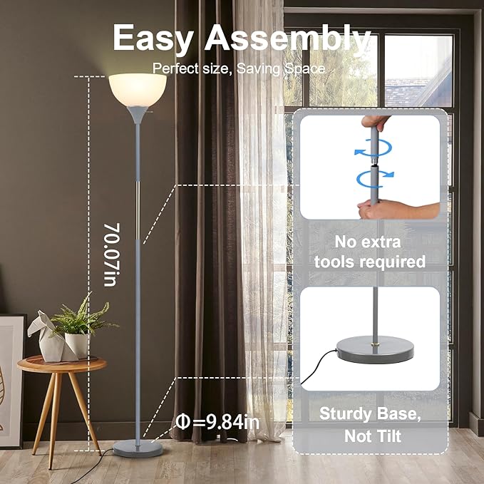 Floor Lamp, LED Standing Lamp 3 Way Dimmable Brightness Floor Lamp Rotary Switch Floor Lamps Modern Industrial Lamp with Shade, Tall Lamps for Living Room Bedroom Office Dining Room (Grey) - LeafyLoom