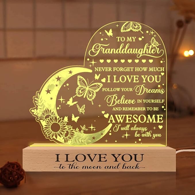 ARTSYWIX Granddaughter 3D Illusion Lamp with Wooden Base USB Powered Acrylic Night Light, to my Granddaughter Gift from Grandma & Grandpa, Girls Kids Lamp Present, Birthday Gifts Graduation Keepsake - LeafyLoom