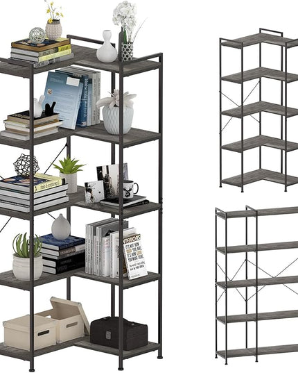 Bookshelf 5 Tier Deformable Corner Bookcase Free Standing Modern Industrial Book Storage Display Book Shelf for Bedroom Living Room Study Room Office (Dark Grey) - LeafyLoom