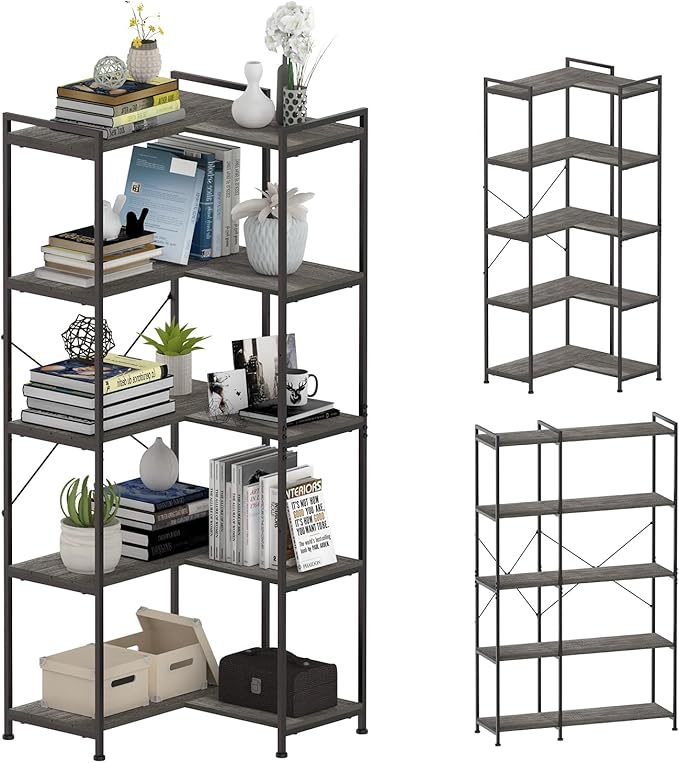 Bookshelf 5 Tier Deformable Corner Bookcase Free Standing Modern Industrial Book Storage Display Book Shelf for Bedroom Living Room Study Room Office (Dark Grey) - LeafyLoom