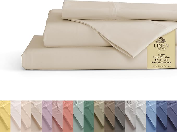 100% Cotton Percale Sheets Twin XL Size, Ivory, Deep Pocket, 4 Pieces Sheet Set - 1 Flat, 1 Deep Pocket Fitted Sheet and 2 Pillowcases, Crisp Cool and Strong Bed Linen - LeafyLoom