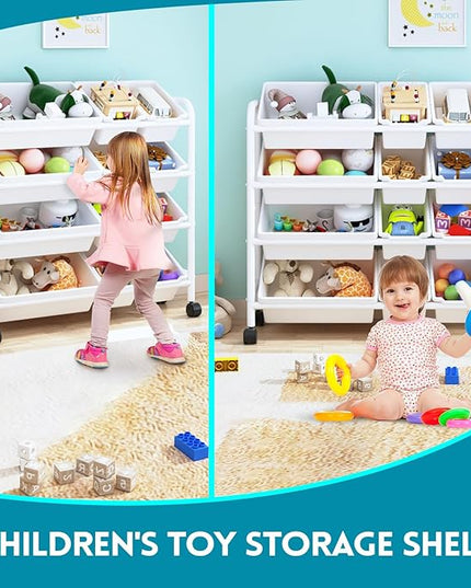 Kids Toy Storage Organizer with 12 Plastic Bins, 4-Tier Metal Toy Storage Rack, Metal Toy Organizer with Storage Bins for Kids Room, Playroom and Nursery, White - LeafyLoom
