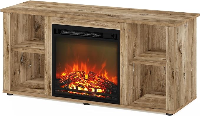 Furinno Jensen Entertainment Center Stand with Fireplace for TV up to 55 Inch, 55-Inch, Flagstaff Oak - LeafyLoom