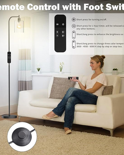 PAZZO LED Floor Lamp, Industrial Standing Lamp with Glass Lampshade, Ideal for Living Room, Bedroom, and Office, Matte Black Finish (includes Remote Control) - LeafyLoom