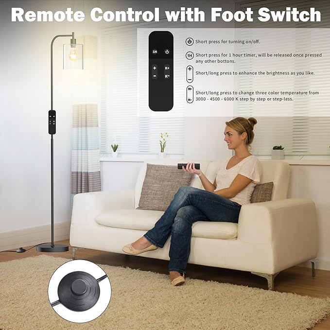 PAZZO LED Floor Lamp, Industrial Standing Lamp with Glass Lampshade, Ideal for Living Room, Bedroom, and Office, Matte Black Finish (includes Remote Control) - LeafyLoom