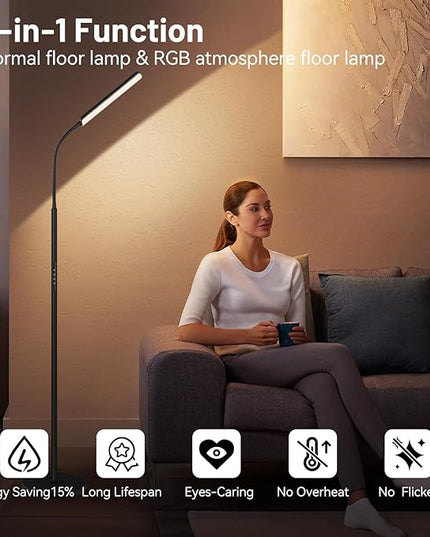 Dimunt LED Floor Lamp, 15W Super Bright RGB Corner Lamp, 3000K-6500K 4 Color Temps Dimmable Floor Lamp, Remote & Touch Control, 1 Hour Timer, Adjustable Gooseneck Standing Lamp for Living Room Home - LeafyLoom