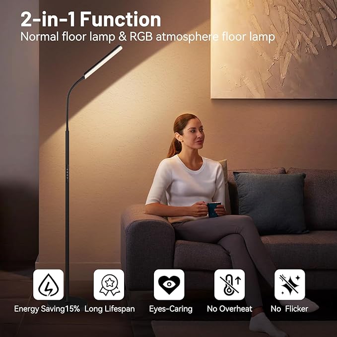 Dimunt LED Floor Lamp, 15W Super Bright RGB Corner Lamp, 3000K-6500K 4 Color Temps Dimmable Floor Lamp, Remote & Touch Control, 1 Hour Timer, Adjustable Gooseneck Standing Lamp for Living Room Home - LeafyLoom