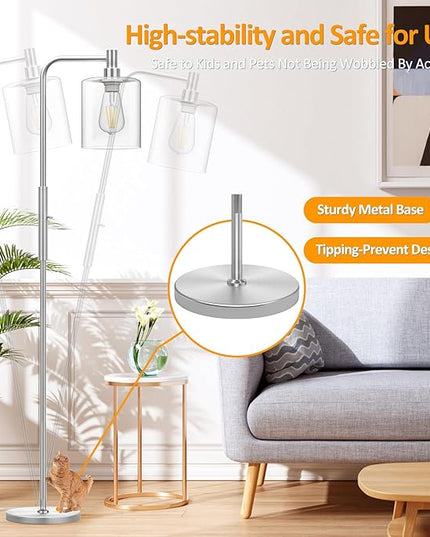 Stepless Dimmable Floor Lamps with Glass Lampshade Modern Standing Lamps with 6W LED Bulb Bright Corner Lamp Tall Pole Lamps for Living Room Bedroom Office Study Room Farmhouse, Silver - LeafyLoom
