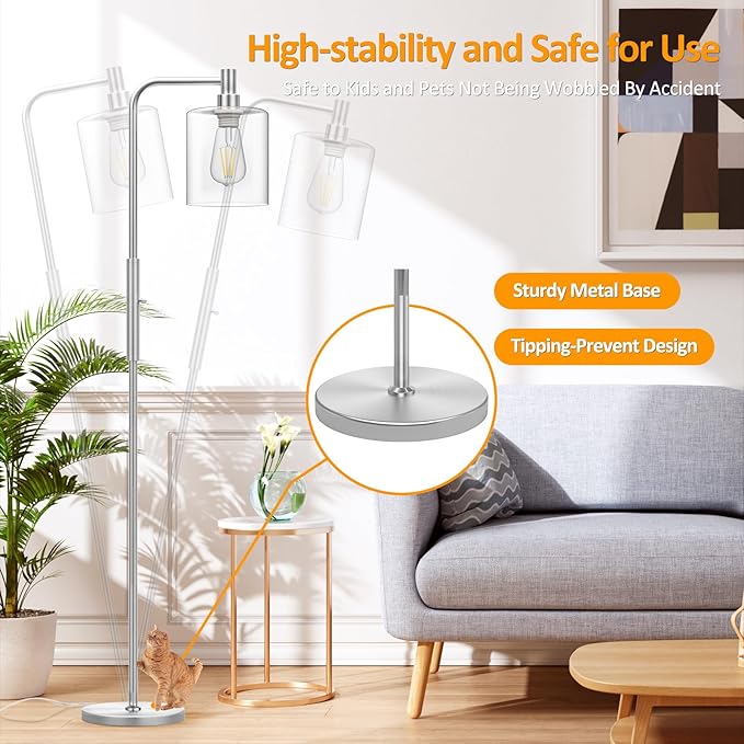 Stepless Dimmable Floor Lamps with Glass Lampshade Modern Standing Lamps with 6W LED Bulb Bright Corner Lamp Tall Pole Lamps for Living Room Bedroom Office Study Room Farmhouse, Silver - LeafyLoom