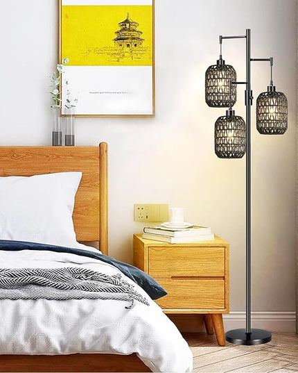 Floor Lamp for Living Room,Bedroom,Boho Rattan Floor Lights,Dimmable Industrial Black Farmhouse Tree 3 Standing Lamp Wicker Rustic Tall Lamp,Woven Bamboo Lamp Shade Floor Lamps Bohemian - LeafyLoom