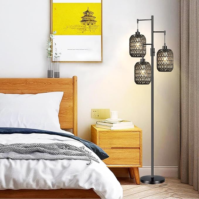 Floor Lamp for Living Room,Bedroom,Boho Rattan Floor Lights,Dimmable Industrial Black Farmhouse Tree 3 Standing Lamp Wicker Rustic Tall Lamp,Woven Bamboo Lamp Shade Floor Lamps Bohemian - LeafyLoom