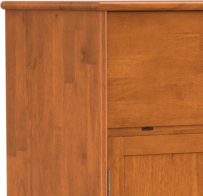 SIMPLIHOME Draper SOLID HARDWOOD Mid Century Modern 32 inch Wide Bar Cabinet in Teak Brown for The Living room, dining room and kitchen - LeafyLoom