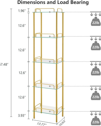 5-Tier Bookcase, Tempered Glass Bookshelves, Narrow Bookshelf for Small Spaces, Storage Rack Display Shelf Slim Shelving Unit for Living Room, Bedroom, Bathroom, Entryway, Office, Golden - LeafyLoom