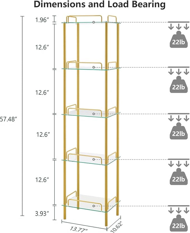 5-Tier Bookcase, Tempered Glass Bookshelves, Narrow Bookshelf for Small Spaces, Storage Rack Display Shelf Slim Shelving Unit for Living Room, Bedroom, Bathroom, Entryway, Office, Golden - LeafyLoom