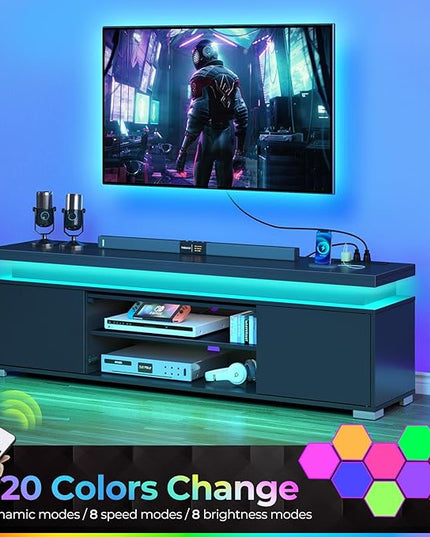 Rolanstar TV Stand with Power Outlet & LED Lights, Modern Entertainment Center for 32/43/50/55/65 Inchs TVs, TV Table, Universal Gaming LED TV Media Stand with Large Storage Cabinet, Black - LeafyLoom
