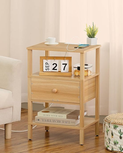 Lerliuo Nightstand with Charging Station and USB Ports, 3-Tier Storage End Table with Drawer Shelf, Night Stand for Small Spaces, Wood Bedside Table for Living Room, Bedroom - Natural Wood - LeafyLoom
