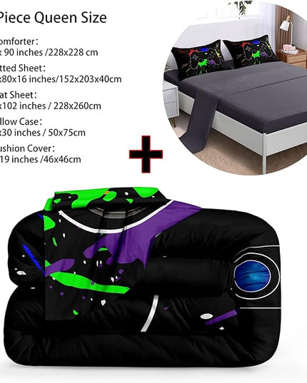 Boys Bed in a Bag Game Comforter Sets Queen Size,Video Game Controller Comforter for Boys Kids Adult 3D Gamepad Microfiber bed Set 6 Pieces Gaming bedding set 3001,Queen - LeafyLoom