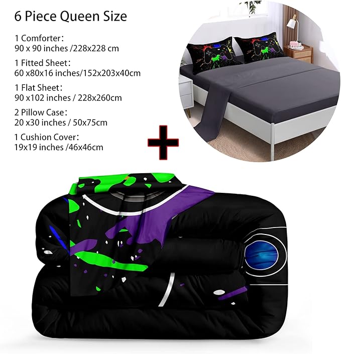 Boys Bed in a Bag Game Comforter Sets Queen Size,Video Game Controller Comforter for Boys Kids Adult 3D Gamepad Microfiber bed Set 6 Pieces Gaming bedding set 3001,Queen - LeafyLoom