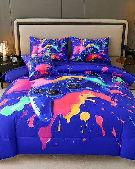 Gamer Comforter Set for Boys Kids, 6 Pcs Bed in a Bag Game Controller Boys Bediing Set Twin Size for All Season - LeafyLoom