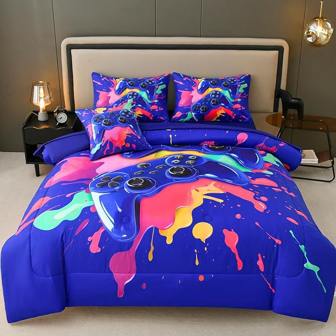 Gamer Comforter Set for Boys Kids, 6 Pcs Bed in a Bag Game Controller Boys Bediing Set Twin Size for All Season - LeafyLoom
