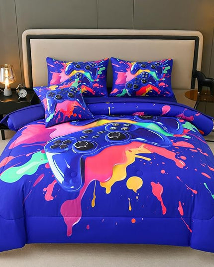 Full Size Gamer Comforter Set for Boys, Game Controller 6 Pcs Bed in a Bag Full Gaming Bediing Set for Boys Kids - LeafyLoom