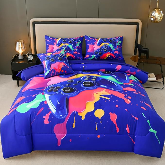 Full Size Gamer Comforter Set for Boys, Game Controller 6 Pcs Bed in a Bag Full Gaming Bediing Set for Boys Kids - LeafyLoom